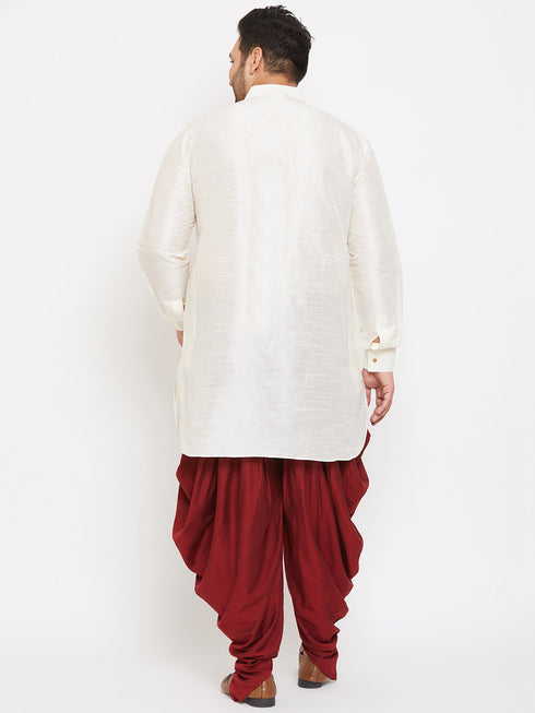 Vastramay Men's Plus Size Cream Silk Blend Curved Kurta Dhoti Set